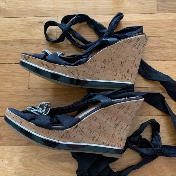 Zigi New York Black Satan Ankle Wrap Wedge Sandals with Silver Rosettes - Picture 6 of 10